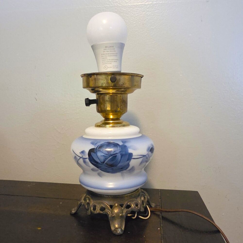 Vintage 1970s Blue Rose Milk Glass Hurricane Parlor Lamp Base Only